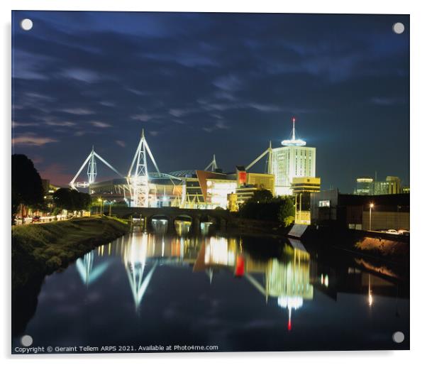 River Taff and Millennium Stadium at dusk, Cardiff, Wales Acrylic by Geraint Tellem ARPS