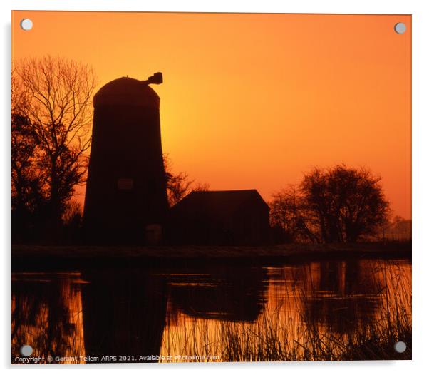 Disused windmill at sunrise, Norfolk Broads, England, UK Acrylic by Geraint Tellem ARPS