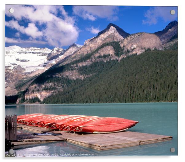 Canoes, Lake Louise, Rocky Mountains Alberta, Canada Acrylic by Geraint Tellem ARPS