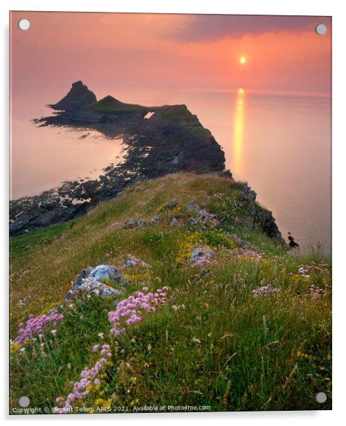 Worms Head at sunset, Rhossili, Gower, South Wales, UK Acrylic by Geraint Tellem ARPS