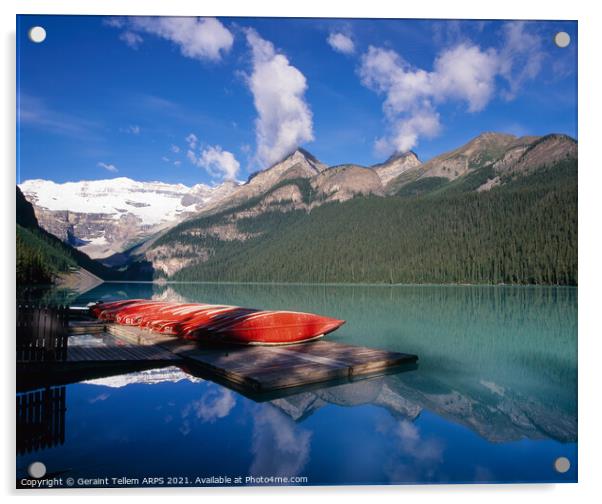 Canoes, Lake Louise, Rocky Mountains, Banff NP Alberta, Canada Acrylic by Geraint Tellem ARPS