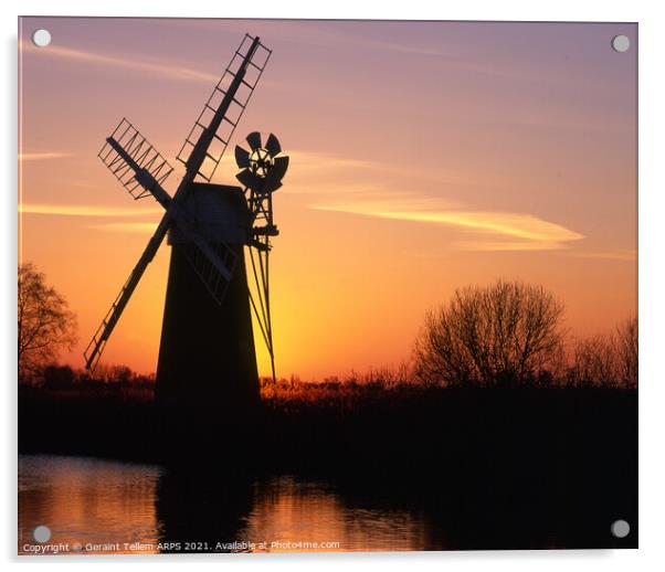 Turf Fen windmill at sunset, Norfolk Broads, England, UK Acrylic by Geraint Tellem ARPS