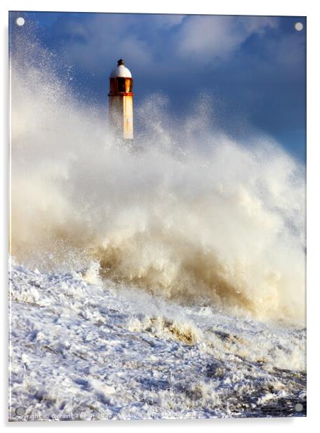 Wave breaking over Porthcawl Pier, South Wales Acrylic by Geraint Tellem ARPS