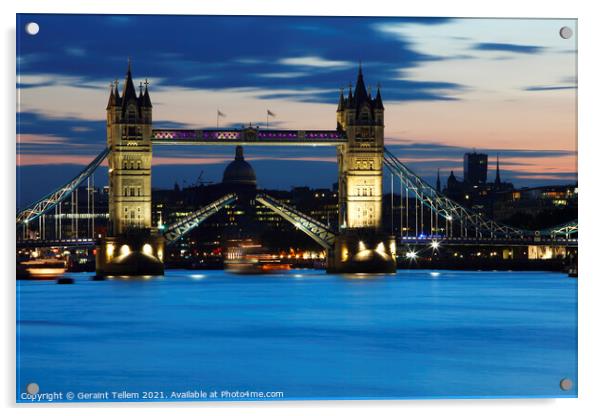 Tower Bridge being raised at dusk  Acrylic by Geraint Tellem ARPS