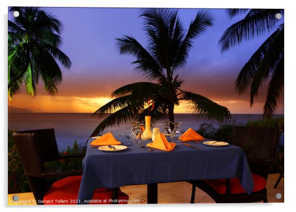 Dining table at sunset, Almond Morgan Bay Resort, St Lucia, Caribbean Acrylic by Geraint Tellem ARPS