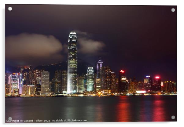 Hong Kong Island, Victoria Harbour waterfront including Two International Finance Centre Acrylic by Geraint Tellem ARPS