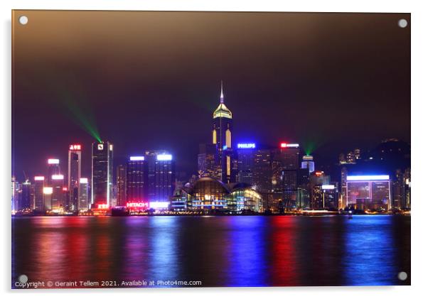 Hong Kong Island, Victoria Harbour waterfront including Hong Kong Convention and Exhibition Centre, and Central Plaza during A Symphony of Lights display. Acrylic by Geraint Tellem ARPS