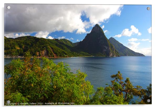 The Pitons and Soufriere Bay, St Lucia, Caribbean Acrylic by Geraint Tellem ARPS