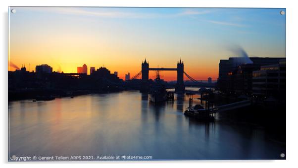 Tower Bridge, HMS Belfast and River Thames at sunrise, London, England, UK Acrylic by Geraint Tellem ARPS