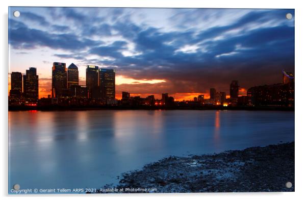 Summer twilight over Canary Wharf from Greenwich Peninsula, London, England, UK Acrylic by Geraint Tellem ARPS