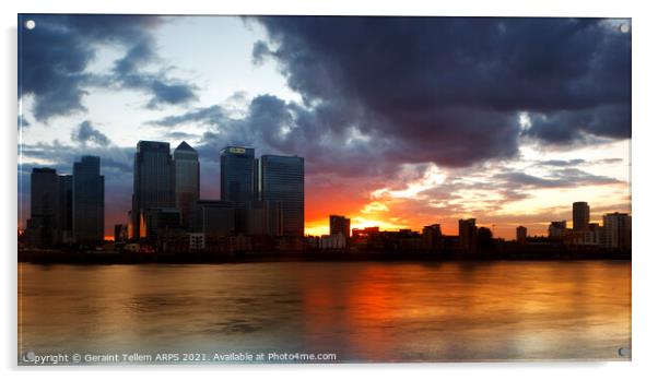 Midsummer sunset over Canary Wharf from Greenwich Peninsula, London, England, UK Acrylic by Geraint Tellem ARPS