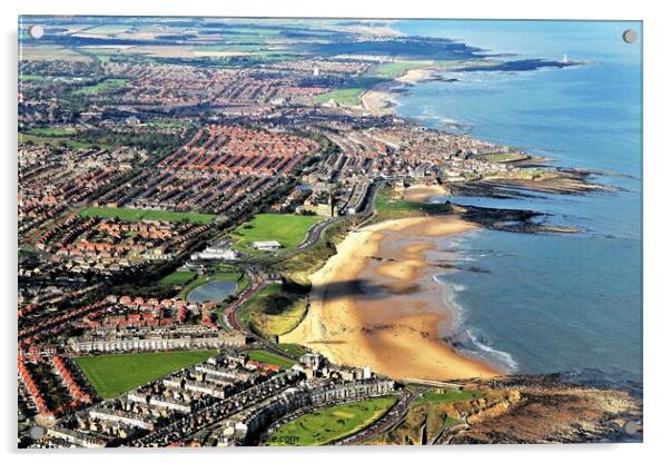 Tynemouth long sands and Cullercoats. Acrylic by mick vardy