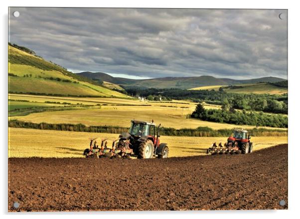 Ploughing in tandem Cheviot Hills. Acrylic by mick vardy