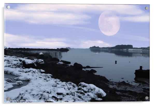 Snowy moonlit evening. Acrylic by ANN RENFREW