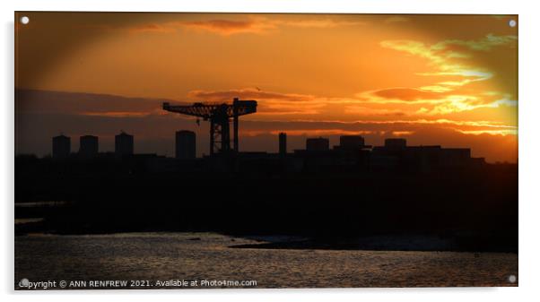 Finneston Crane lit by rising sun Acrylic by ANN RENFREW
