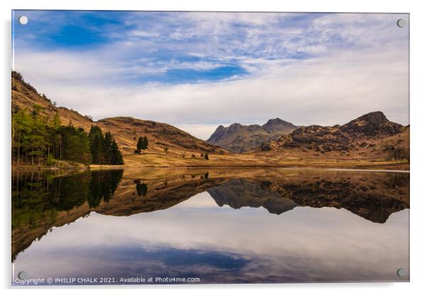 Blea tarn reflection with the langdale mountains 504  Acrylic by PHILIP CHALK
