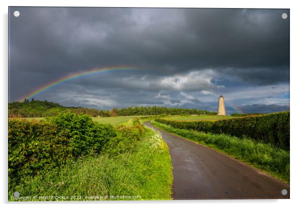 Rainbow over the Ducket BNB tower near Budle bay in Northumberland  738 Acrylic by PHILIP CHALK