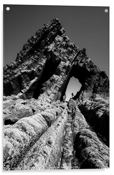 Black church rock bw 752 Devon coast  Acrylic by PHILIP CHALK