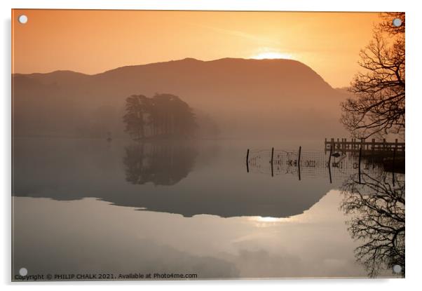 lake jetty Coniston water Sunrise mist 14  Acrylic by PHILIP CHALK