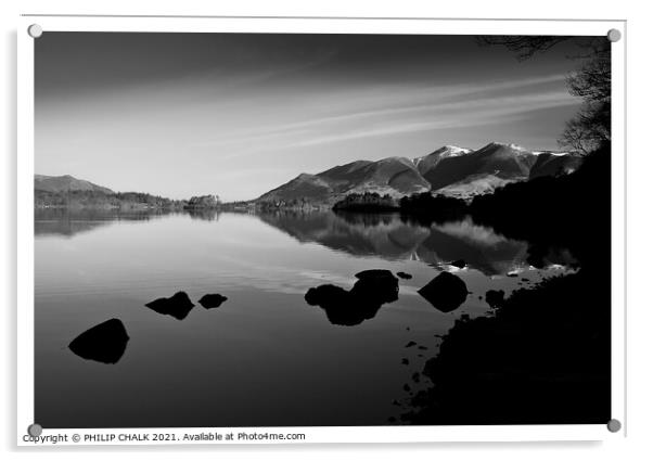 Derwent water looking towards Keswick  in monochrome (black and white)  Acrylic by PHILIP CHALK