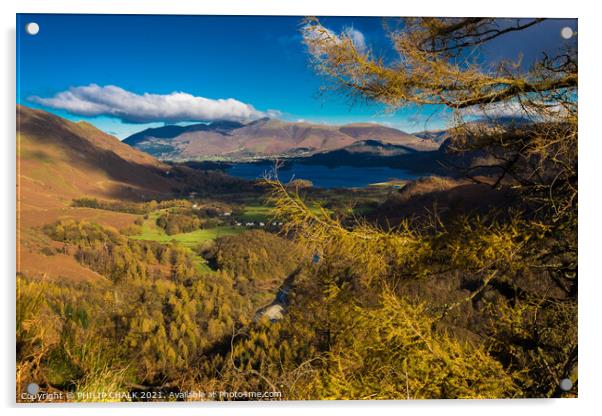 Castle cragg looking towards Keswick in the lake district.  Acrylic by PHILIP CHALK