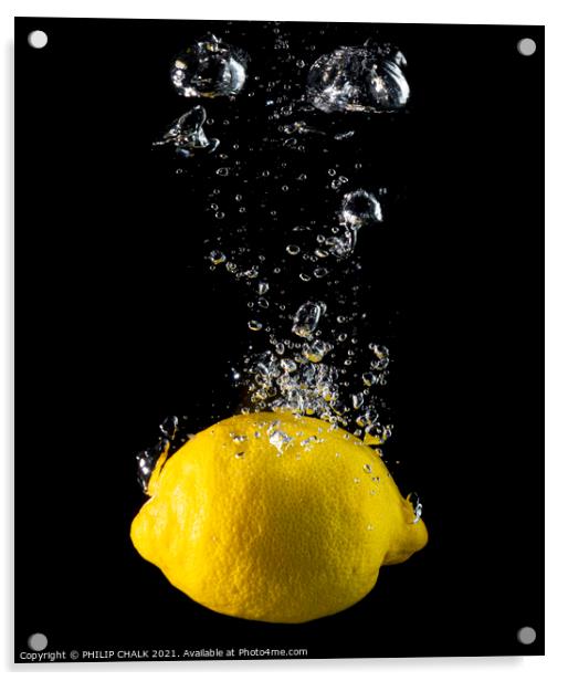 Lemon sinking in water and bubbles still life 440 Acrylic by PHILIP CHALK