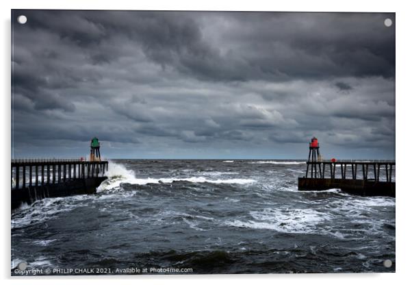 Twin Whitby piers on a stormy seas 474 Acrylic by PHILIP CHALK