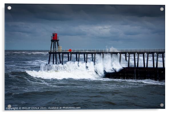 crashing waves on Whitby pier on the Yorkshire east coast 477 Acrylic by PHILIP CHALK