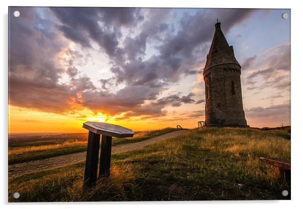 Sunset at Hartshead Pike, Mossley, England Acrylic by Jeni Harney