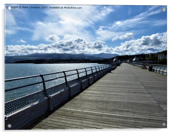 Bangor pier looking towards Snowdonia. Acrylic by Mark Chesters