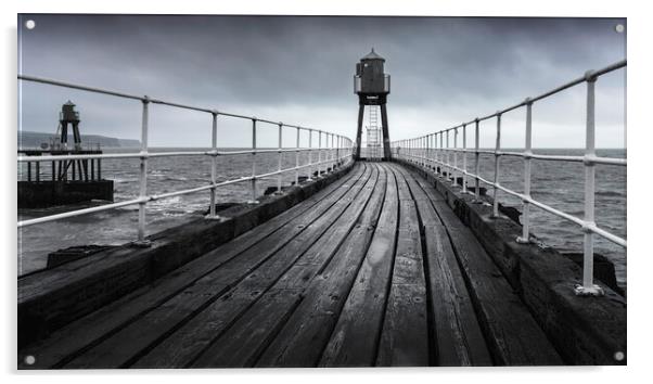 Whitby's East Pier in black and white  Acrylic by Anthony McGeever