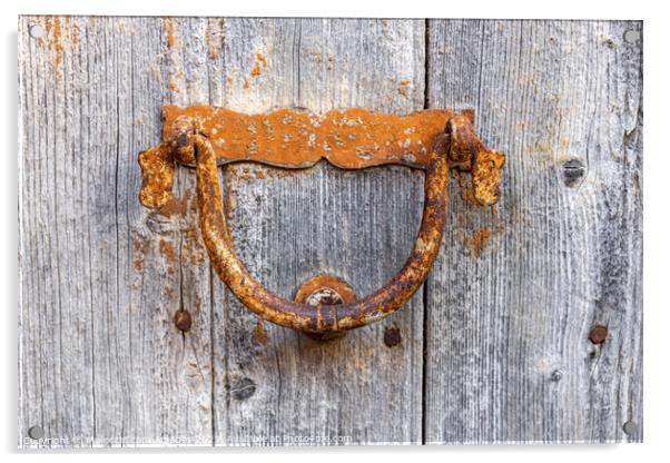 Old door knocker on a wooden door Acrylic by MallorcaScape Images