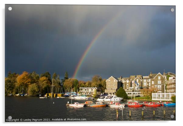 Rainbow on Lake Windermere Acrylic by Lesley Pegrum