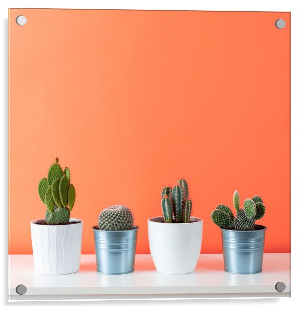 Collection of various cactus plants on white shelf. Acrylic by Andrea Obzerova