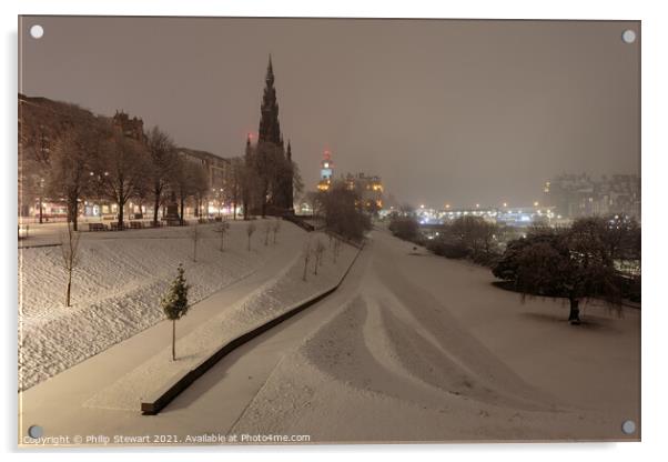 Snowy Edinburgh by Night Acrylic by Philip Stewart