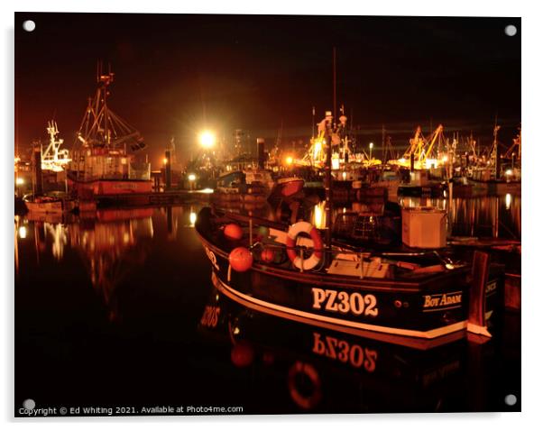 Night time at NewLyn Harbour, Cornwall Acrylic by Ed Whiting