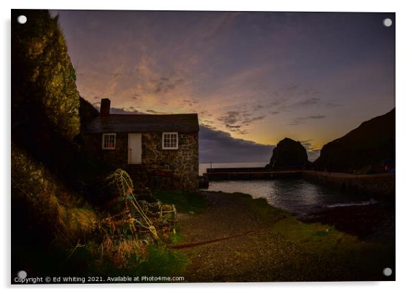 Mullion Cove's fisherman's House Acrylic by Ed Whiting
