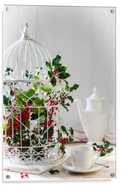 Holly & Berries Birdcage Acrylic by Amanda Elwell