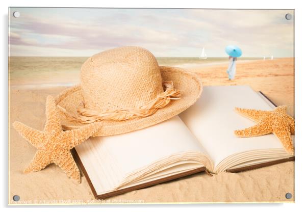 Straw Hat On Beach Book Acrylic by Amanda Elwell
