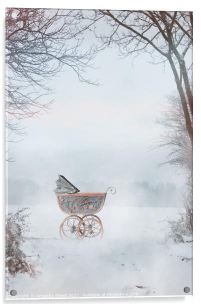 Victorian Pram In The Snow Acrylic by Amanda Elwell