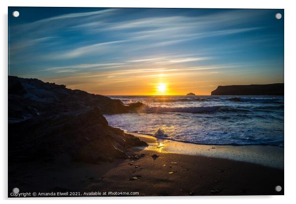 Sunset At Polzeath, Cornwall, UK Acrylic by Amanda Elwell