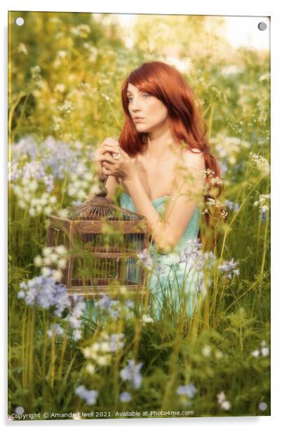 Woman In Bluebell Flowers Acrylic by Amanda Elwell