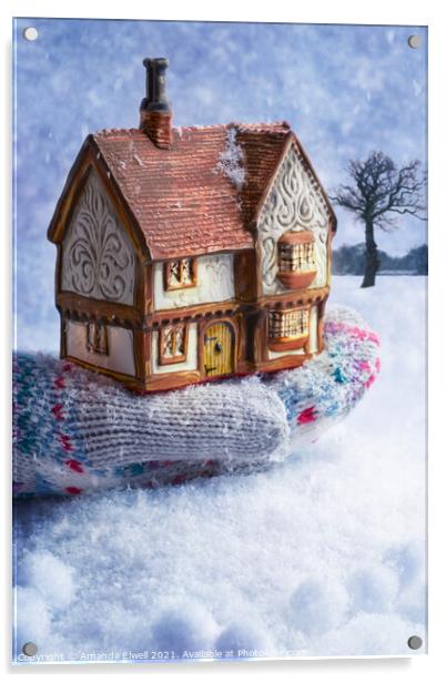 Winter Cottage In Gloved Hand Acrylic by Amanda Elwell