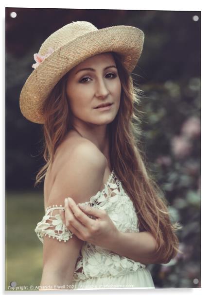 Portrait Of Woman In Straw Hat Acrylic by Amanda Elwell