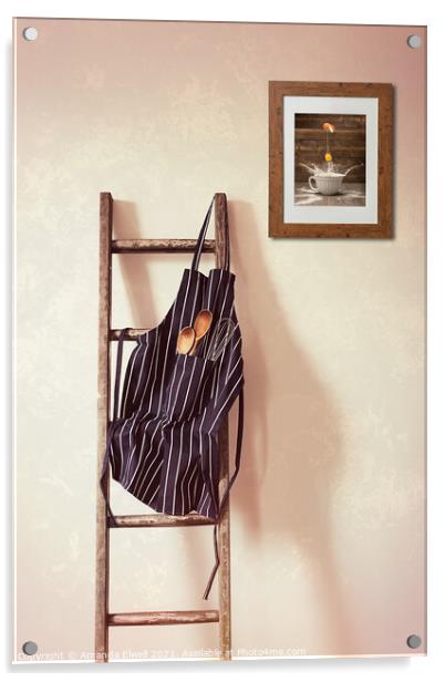 Kitchen Apron Hanging On Ladder Acrylic by Amanda Elwell