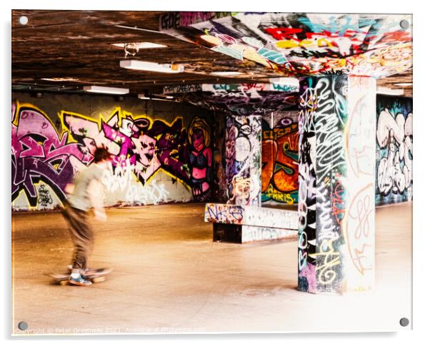 Skateboarding In London's Southbank Underpass Skateboard Park Acrylic by Peter Greenway