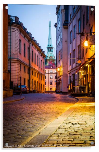 Deserted Streets In Gamla Stan, Stockholm At Dusk Acrylic by Peter Greenway