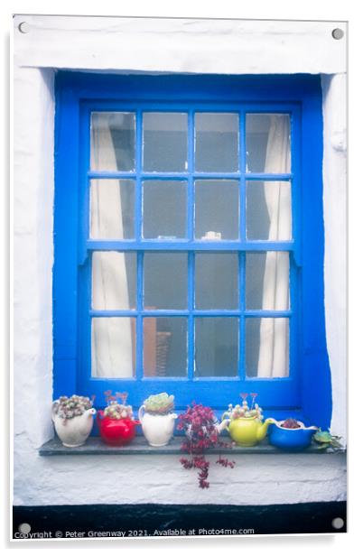 Seaside Cottage Blue Window Complete With Teapot Vases Acrylic by Peter Greenway