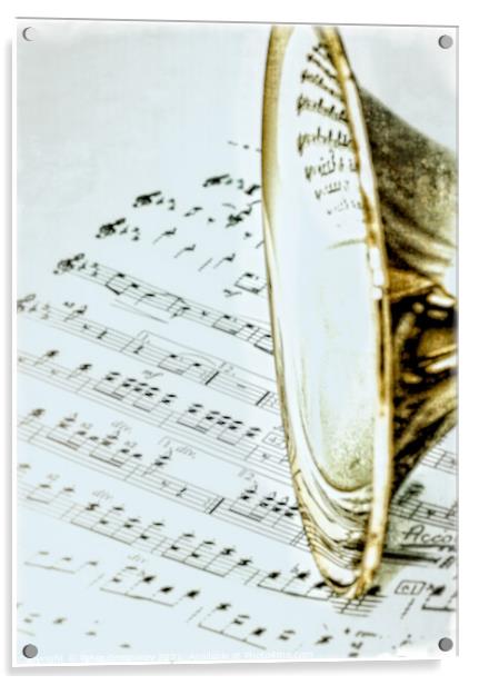 Trumpet Instrument close up on Sheet Music Acrylic by Peter Greenway