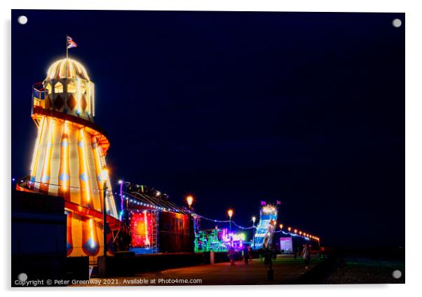 Illuminated Helter Skelter At The Hunstanton Seafront Funfair Acrylic by Peter Greenway